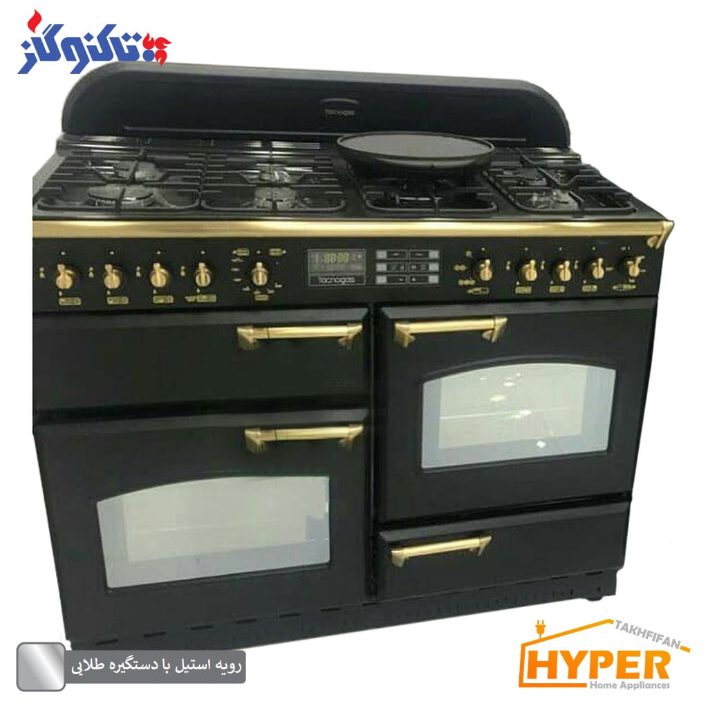 اجاق گاز 7 شعله تاکنوگاز مدل فالکون 7B-BS رویه استیل مشکی با دستگیره طلایی
