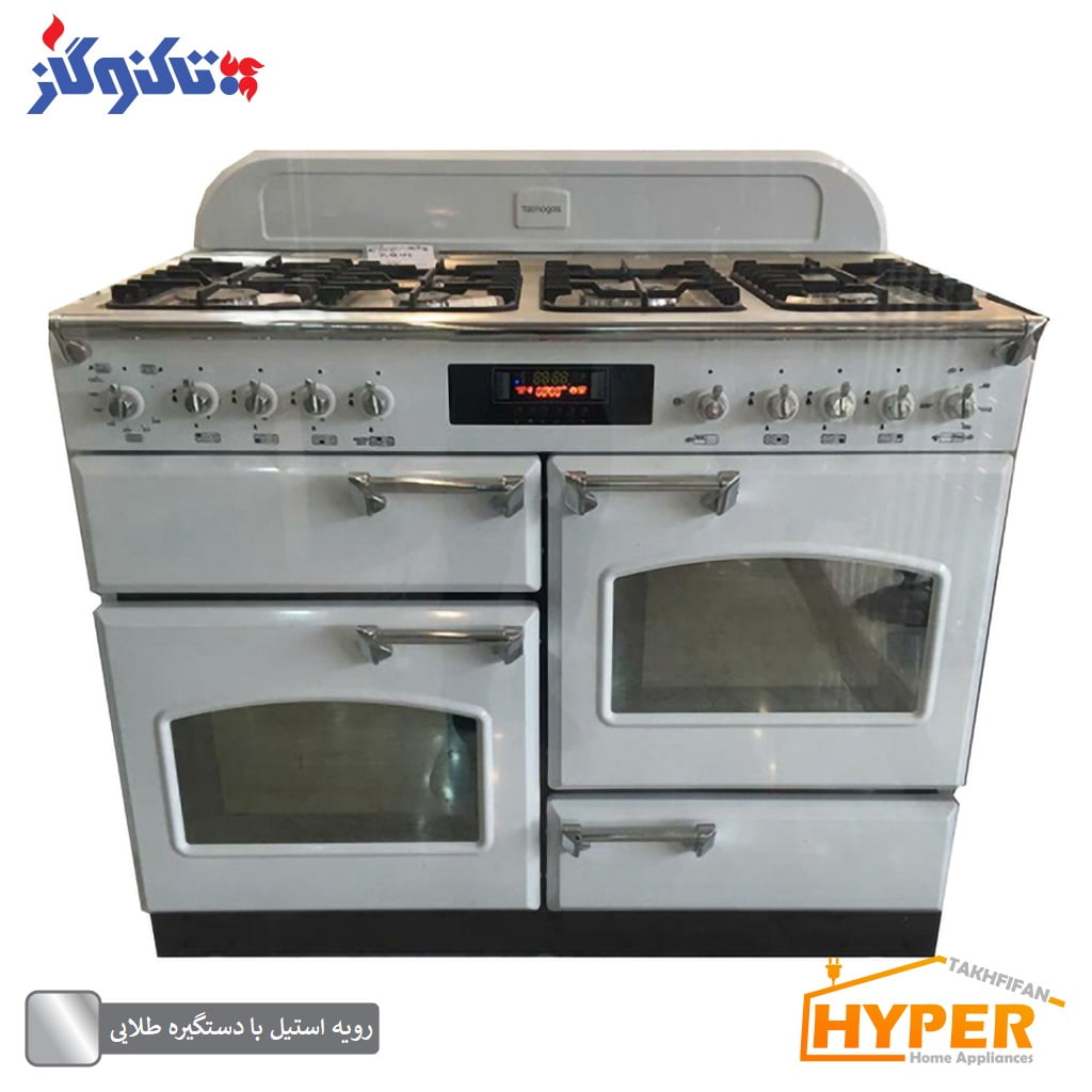 اجاق گاز 7 شعله تاکنوگاز مدل فالکون 7B-WS رویه استیل سفید با دستگیره طلایی